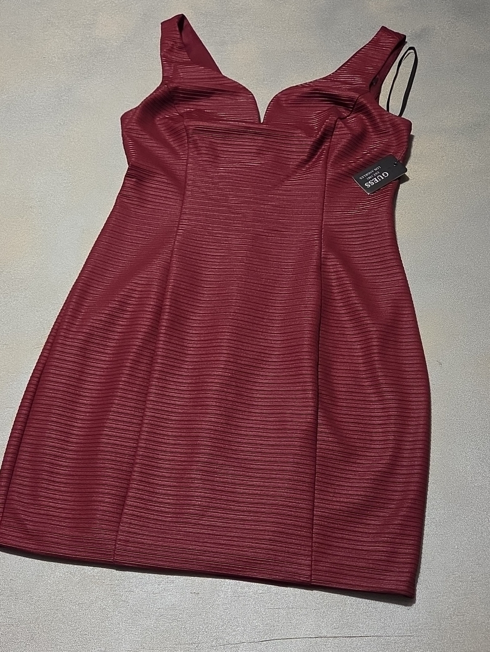 GUESS Wine Red Ribbed V-Notch Mini Dress